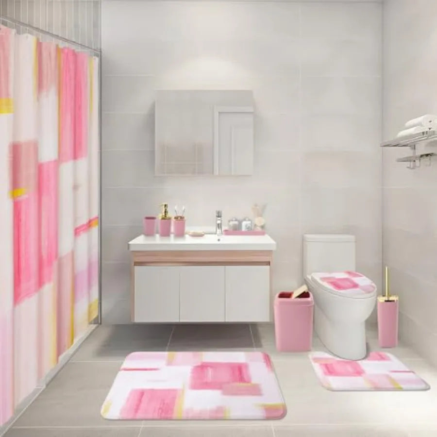 Pink and Gold Bathroom Set with Shower Curtain and Rugs Includes Trash Can Soap Dispenser and Soap Dish for Home Decor