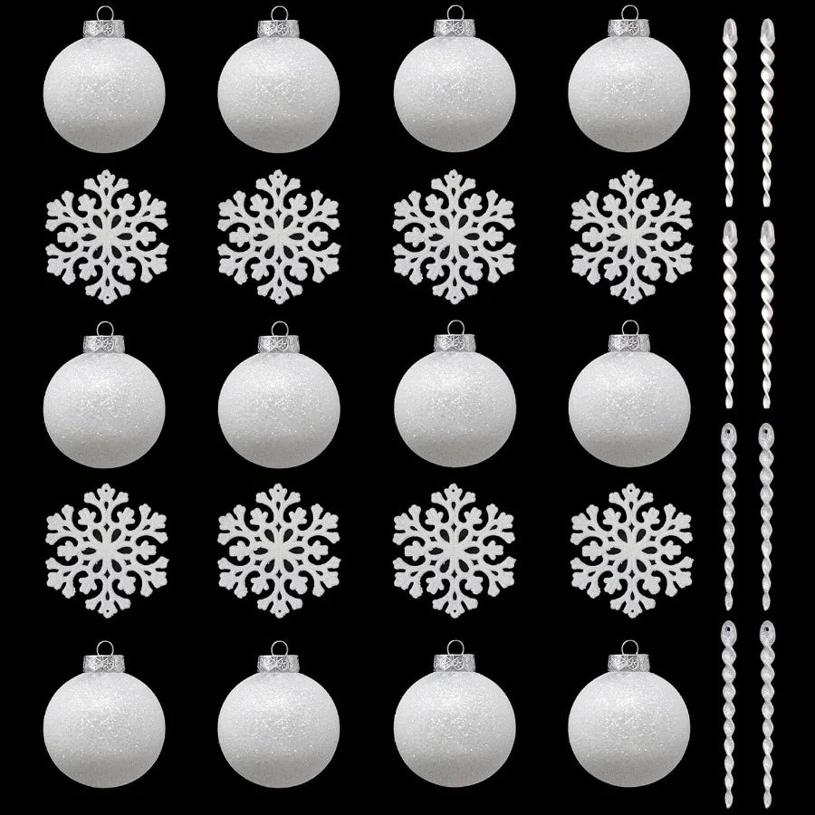 28pc White Christmas Ball Ornaments for Farmhouse Tree Holiday Xmas Decorations Large Shatterproof Plastic 3.15 Inch Glitter Sn