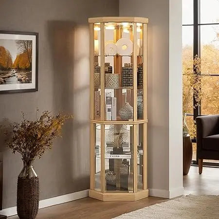 70" H Lighted Corner Curio Cabinet, Glass Display Cabinet with Tempered Glass Door and 5 Shelves, Light Bulb Included, Rack for