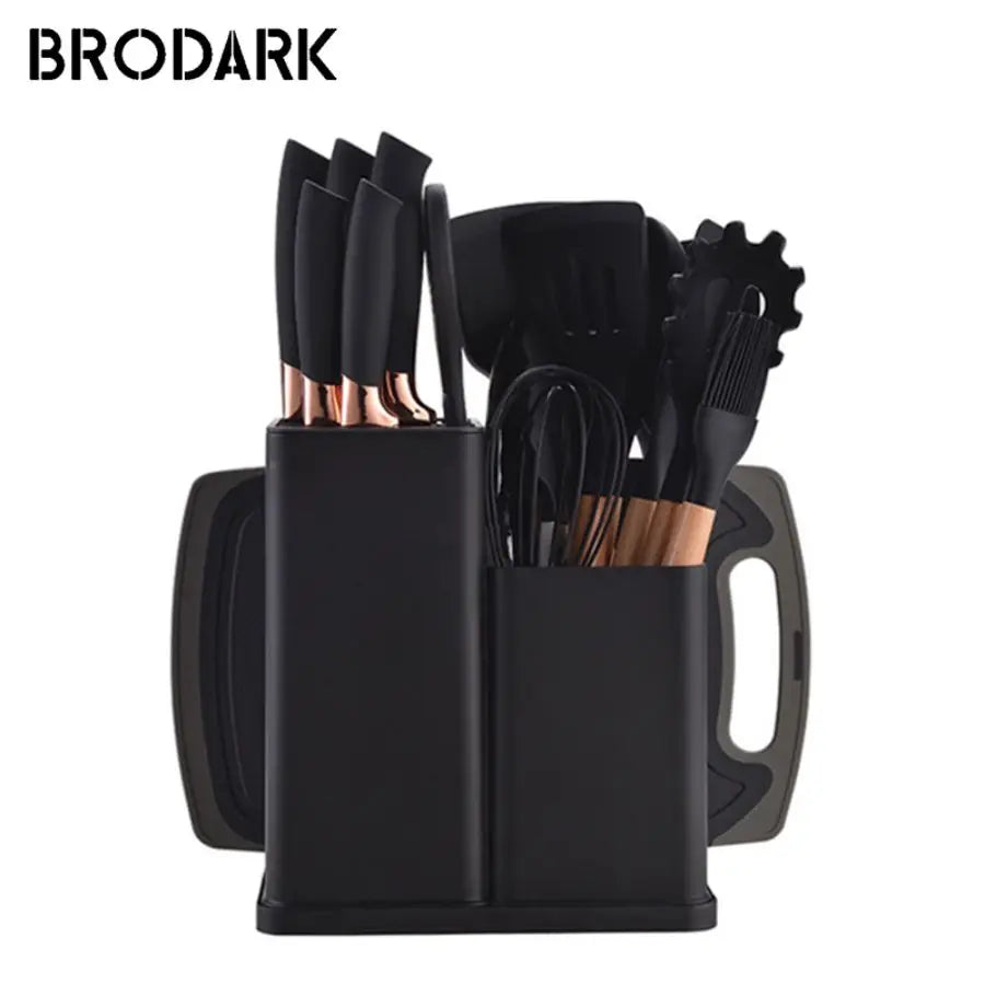 19pcs Food Grade Silicone Brodark Kitchenware Set, Cooking Spoon, Shovel, Cutting Board, Fruit Knife, Chef Knife, Combination Se