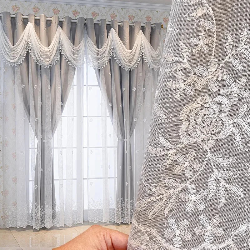 Curtain High-grade Blackout Cloth All-in-one European Double-layer Relief Living Room Bedroom Embroidered Finished Floor Curtain