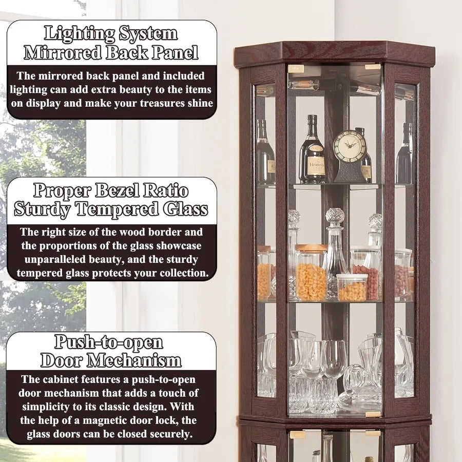 69 H Lighted Curio Cabinet Corner Display CaseCorner Glass Cabinet with Tempered Glass Door and Adjustable Shelves Wooden Curio