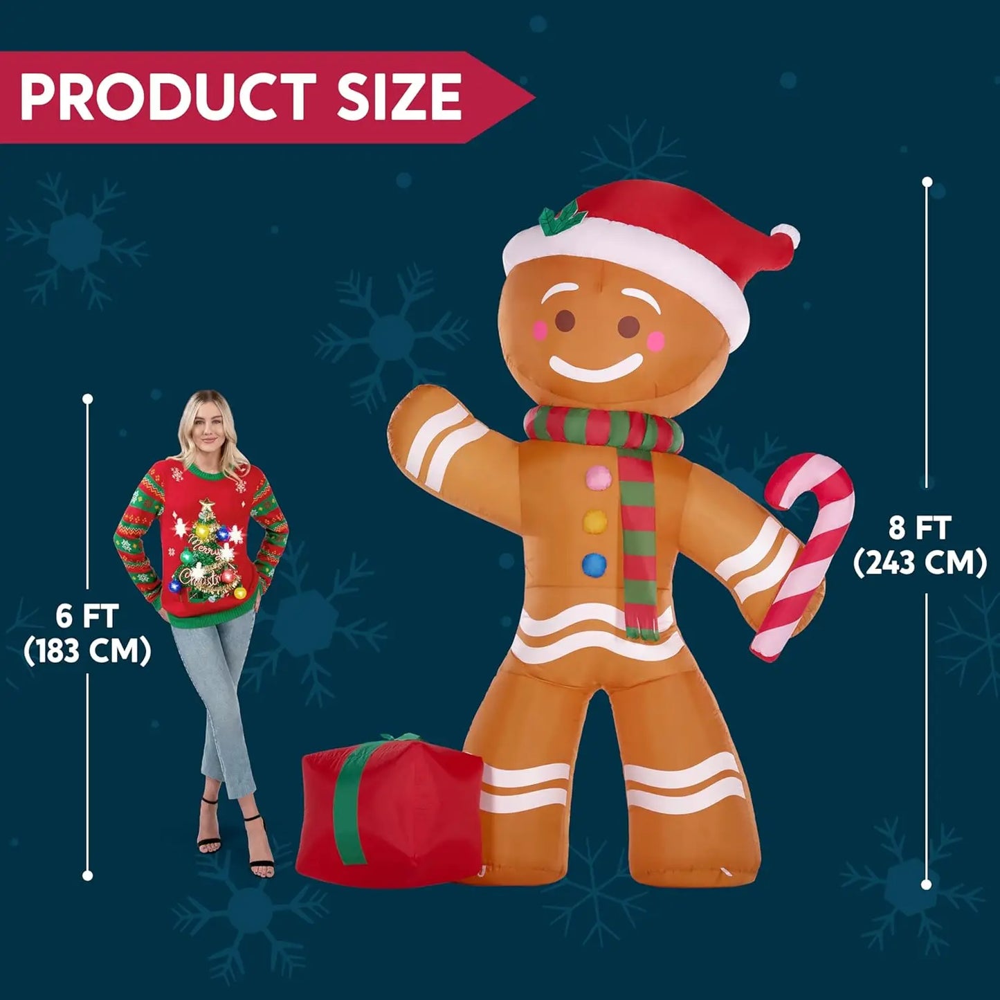 JOYFY 8 FT Christmas Inflatable Gingerbread Man with Candy Cane Blow Up Inflatable Yard Decoration for Xams Party Christmas Gift