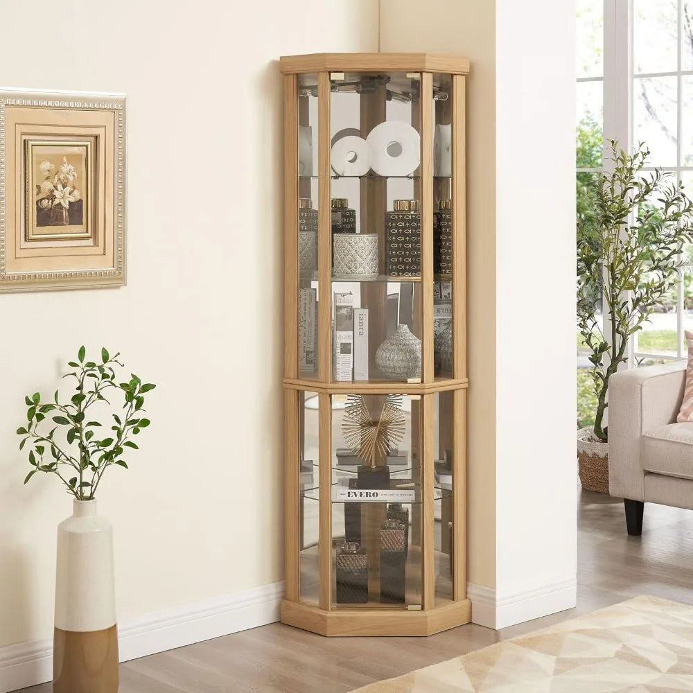 70" H Lighted Corner Curio Cabinet, Glass Display Cabinet with Tempered Glass Door and 5 Shelves, Light Bulb Included, Rack for