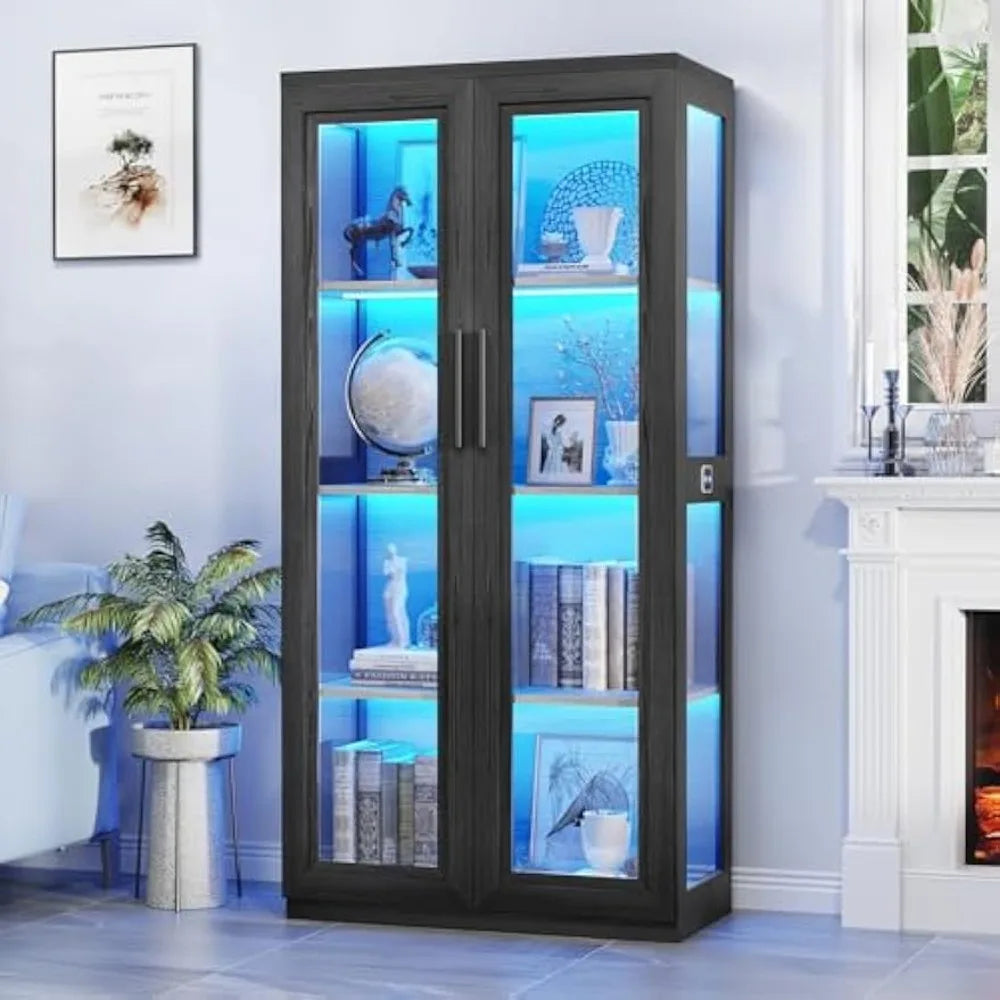 Curio Cabinet with Glass Doors, Bookcase with 4 Shelves, Display Cabinets for Collectibles, China Cabinet with 3 Color LED Light