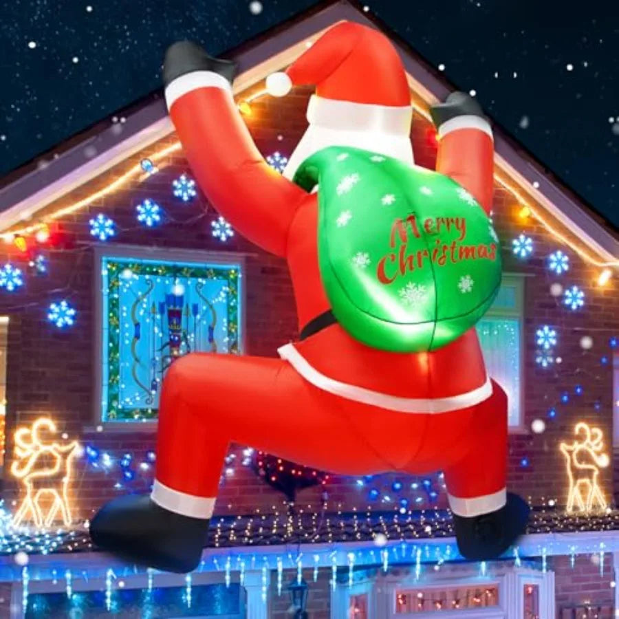 6FT Christmas Inflatable Decorations Hanging Santa Builtin Bright LEDs Climbing Santa Claus with Gift Bag for Window Wall Outdo