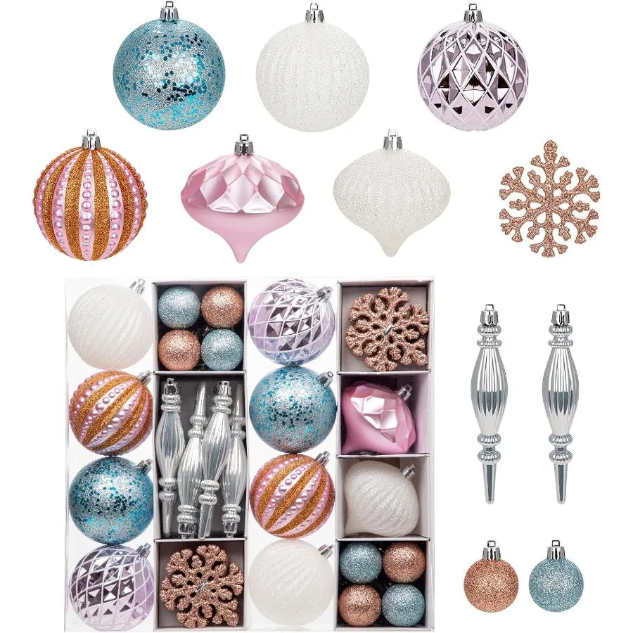 50pcs Glitter Pink Blue and White Shatterproof Christmas Ball Ornaments Set with Snowflakes Design for Holiday Tree Wreath Garl