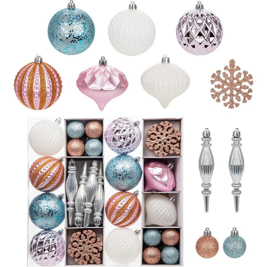 50pcs Glitter Pink Blue and White Shatterproof Christmas Ball Ornaments Set with Snowflakes Design for Holiday Tree Wreath Garl
