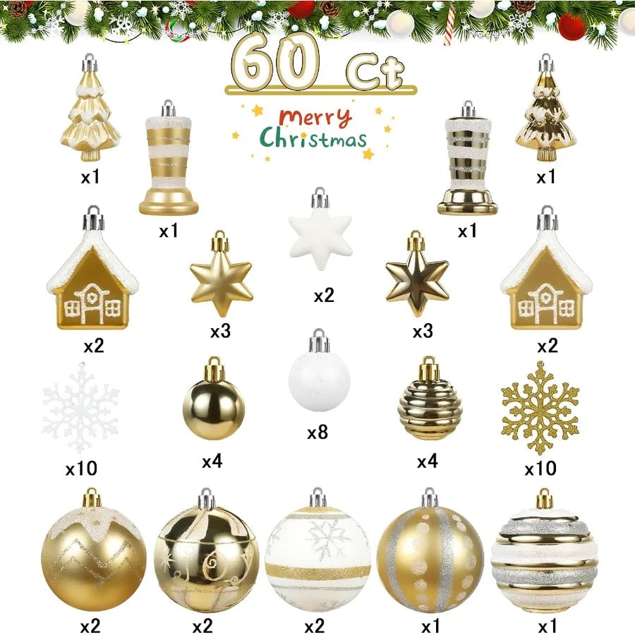 60Piece Shatterproof White Gold Assorted Christmas Ball Ornaments Set for Holiday Party Wedding and Christmas Tree Decoration E