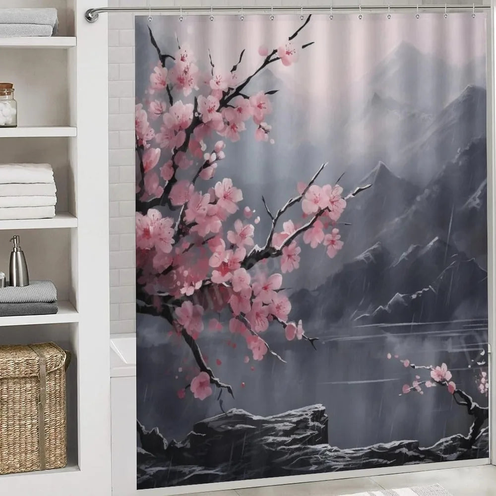 antique cherry blossom shower curtain and rug set, waterproof bathroom decor with nature theme