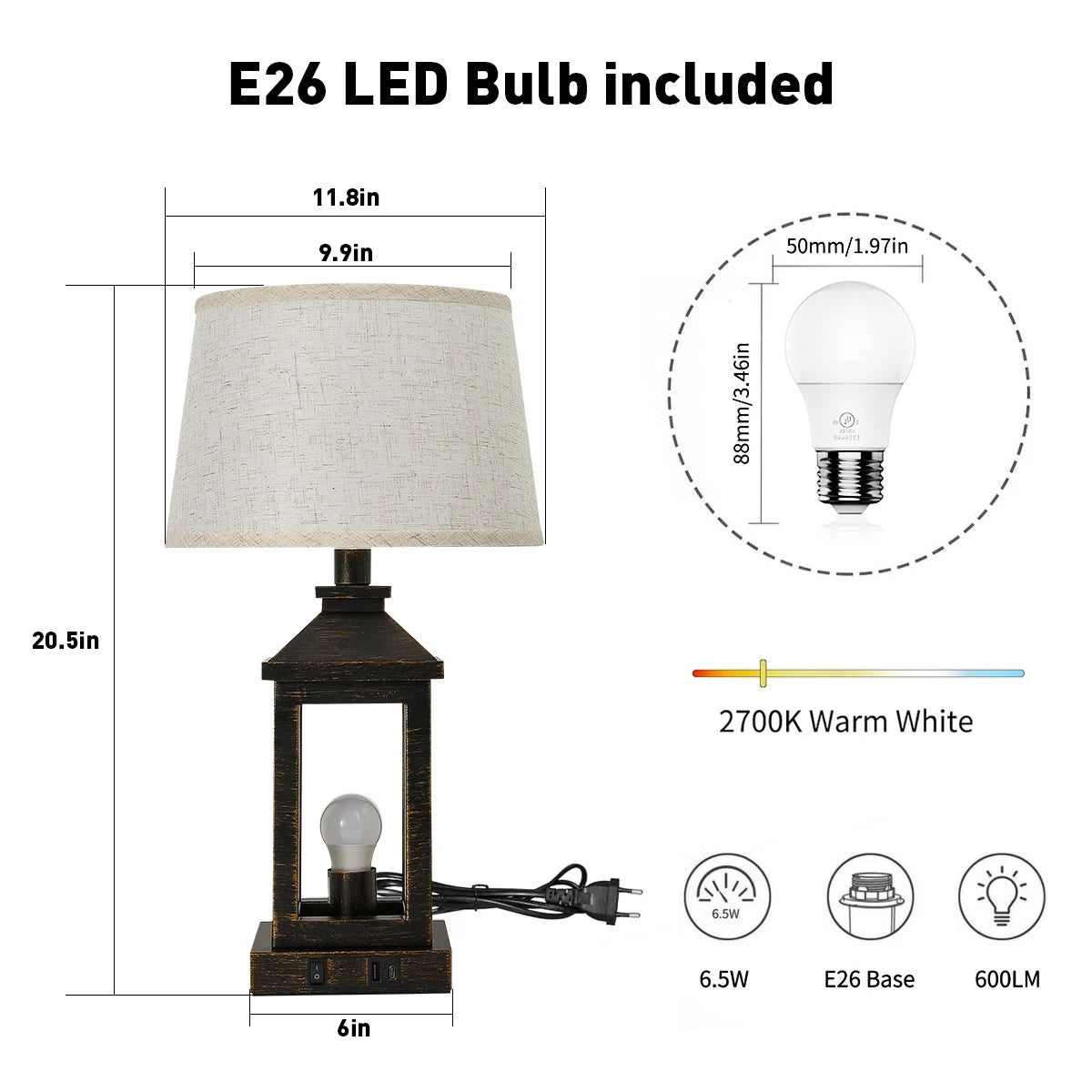 2-Pack 21" Retro Farmhouse Table Lamp for Living Room Bedroom Nightstand  Touch Control Bedside Nightlight Vintage Modern Lamp