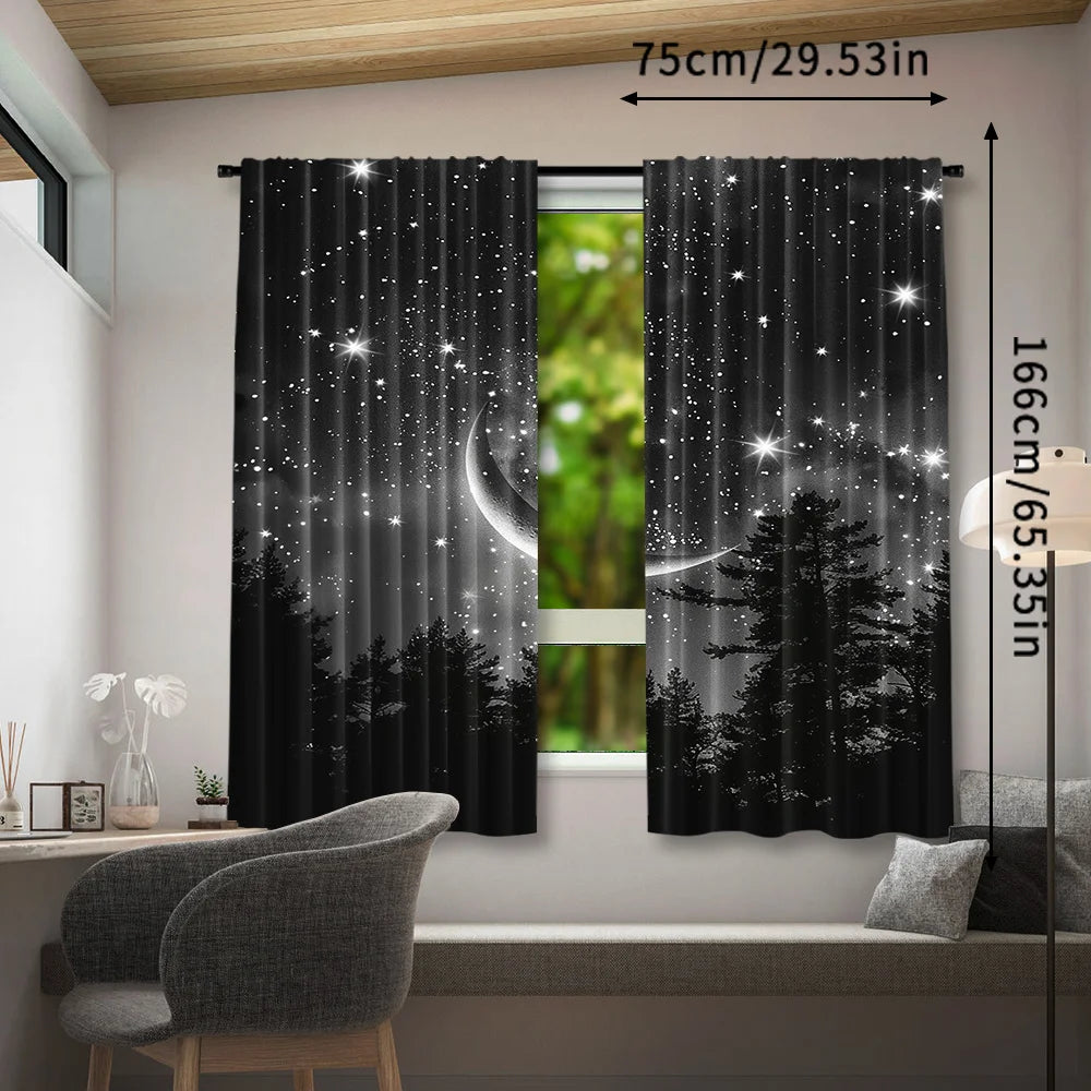 2pcs Forest Starry Sky Moon Night Curtains - Black Rod Pocket Window with Crescent Moon & Starry Sky Design, Perfect for Bedroom