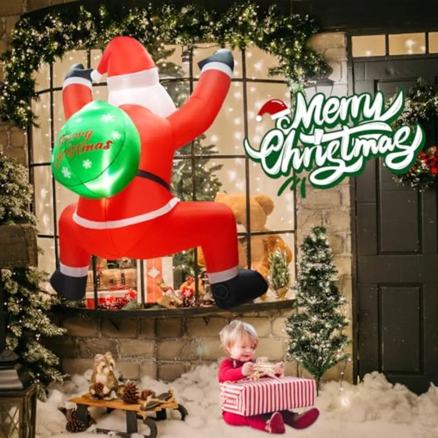 6FT Christmas Inflatable Decorations Hanging Santa Builtin Bright LEDs Climbing Santa Claus with Gift Bag for Window Wall Outdo