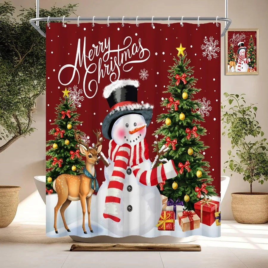 Merry Christmas Shower Curtain Snowman Christmas Tree Shower Curtain Sets for Bathroom Red Winter Holiday Xmas Snowflake Shower