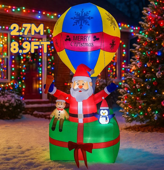 8.9FT Inflatable Toy Christmas Decoration Inflatable Santa Claus In Hot Air Balloon Yard Ornament With LED Lights Supplies Decor