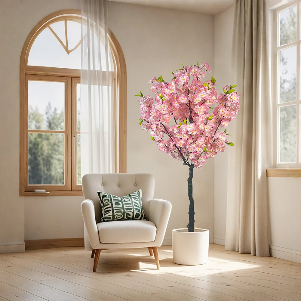 Artificial Cherry Blossom Tree, Tall Potted Faux Cherry Blossom Tree Plants In Pot With Lifelike Trunk For Indoor Home Decor