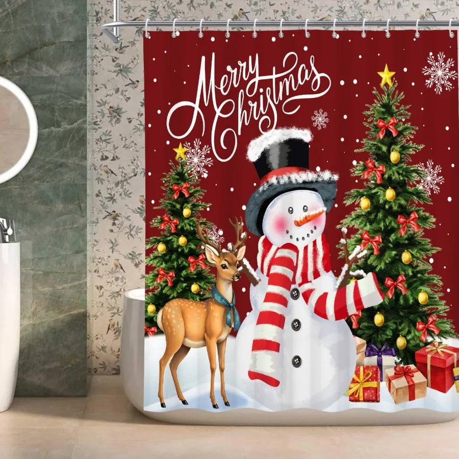 Merry Christmas Shower Curtain Snowman Christmas Tree Shower Curtain Sets for Bathroom Red Winter Holiday Xmas Snowflake Shower