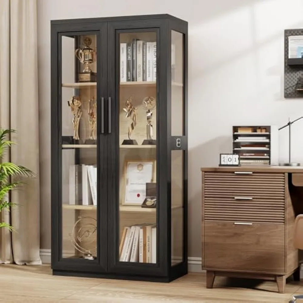 Curio Cabinet with Glass Doors, Bookcase with 4 Shelves, Display Cabinets for Collectibles, China Cabinet with 3 Color LED Light