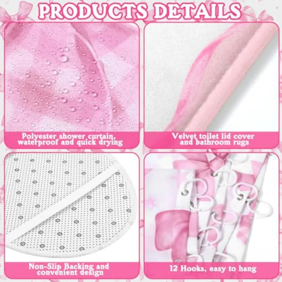 8 Pcs Pink Bow Shower Curtain Set for Bathroom Decor Cute Coquette Aesthetic Girly Bathroom Accessories with Towels Carpet Bath