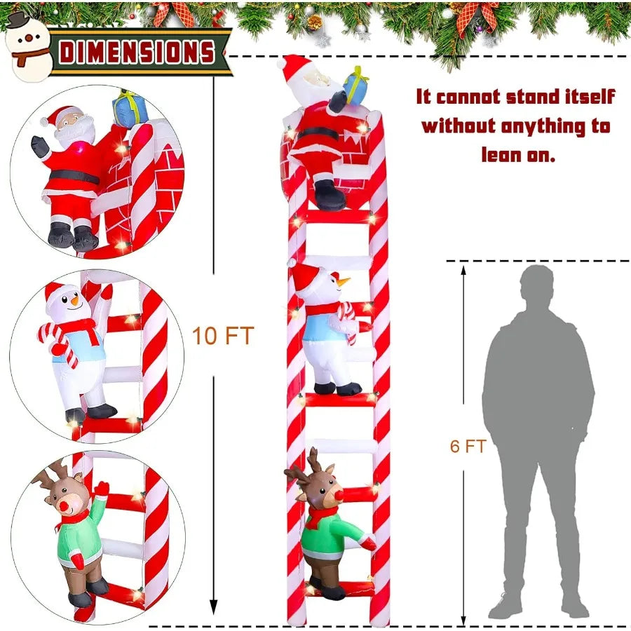 10FT Christmas Inflatable Decoration Giant Lighted Ladder to Chimney Climbed with Reindeer Santa Snowman Xmas Blowups