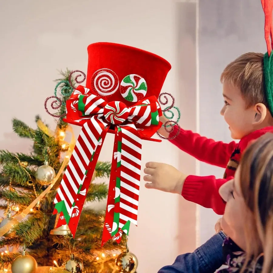 Festive Christmas Candy Canes Tree Topper with Red Hat and Peppermint Bows Ornament for Winter Holiday Home Decoration Ideal fo